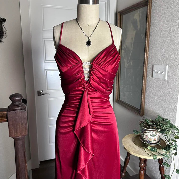 Retro Mermaid Spaghetti Straps Ruffle Rhinestone Red Long Party Dress