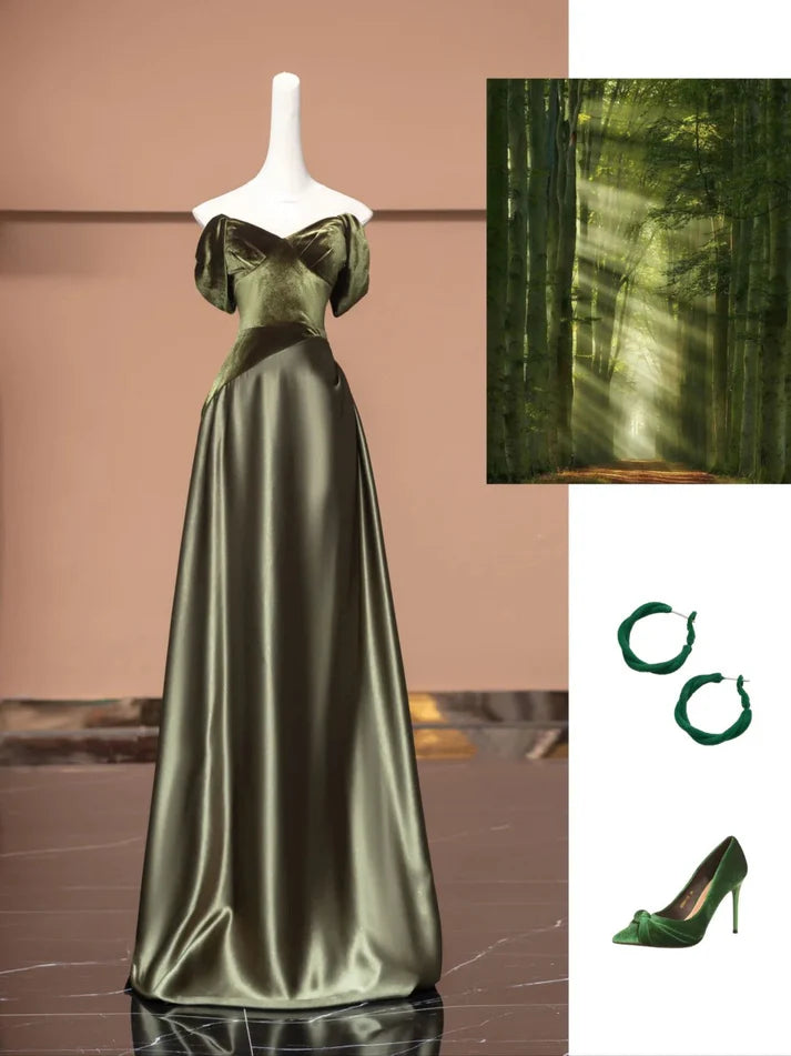 Retro Off-the-Shoulder Satin Velvet Green Long Prom Dress Party Dress
