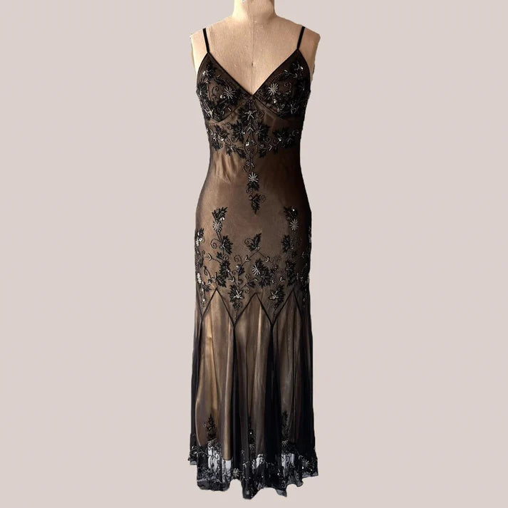 Retro Sheath V Neck Beaded Chiffon Brown Black Long Party Dress