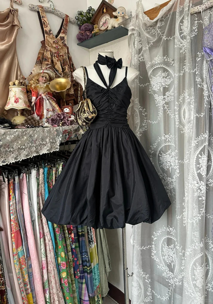 Retro V Neck Black Short Homecoming Dress Party Dress With Bubble Hem