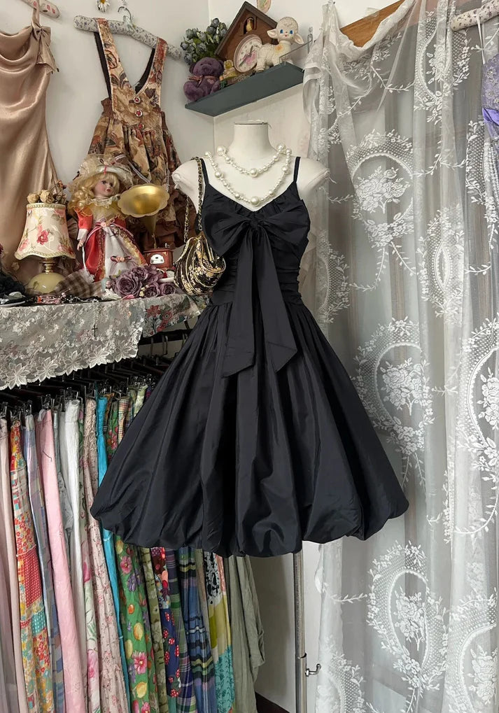 Retro V Neck Black Short Homecoming Dress Party Dress With Bubble Hem