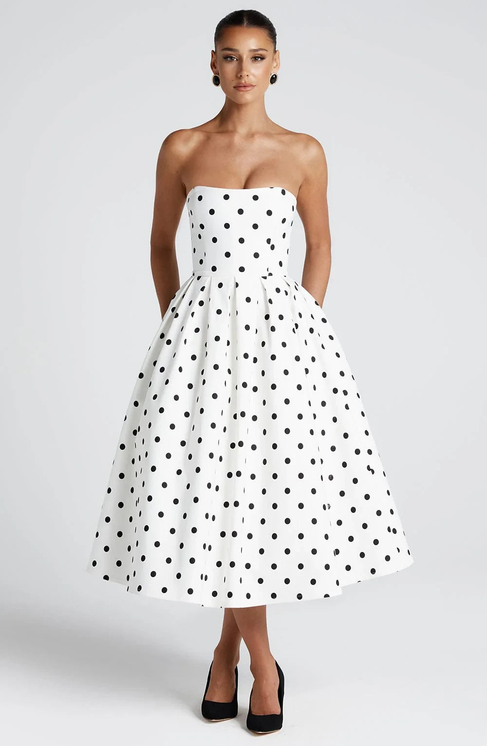 Retro Elegant A-Line Sweetheart Pleated Polka Dot White Tea-Length Prom Dress