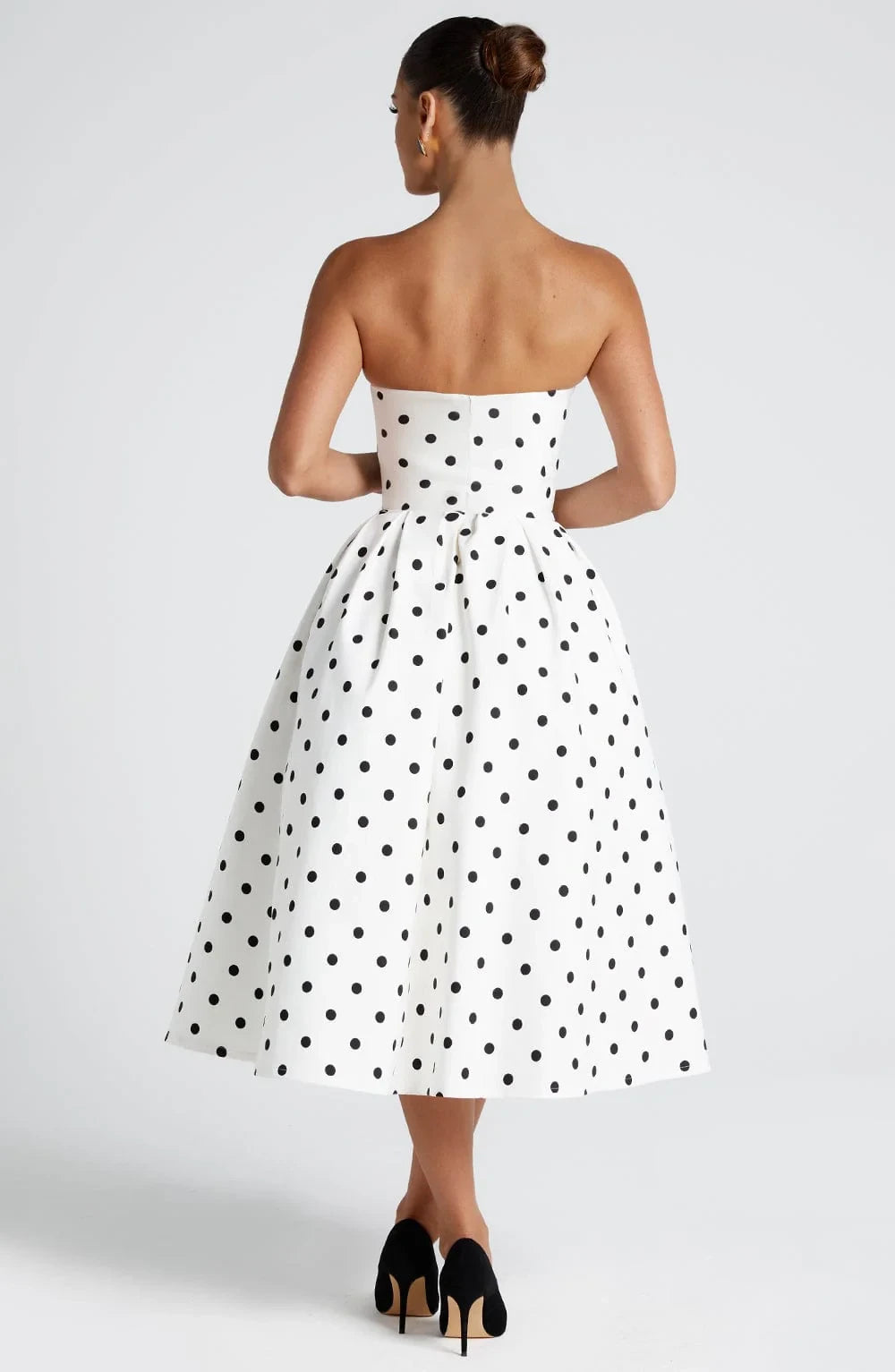 Retro Elegant A-Line Sweetheart Pleated Polka Dot White Tea-Length Prom Dress