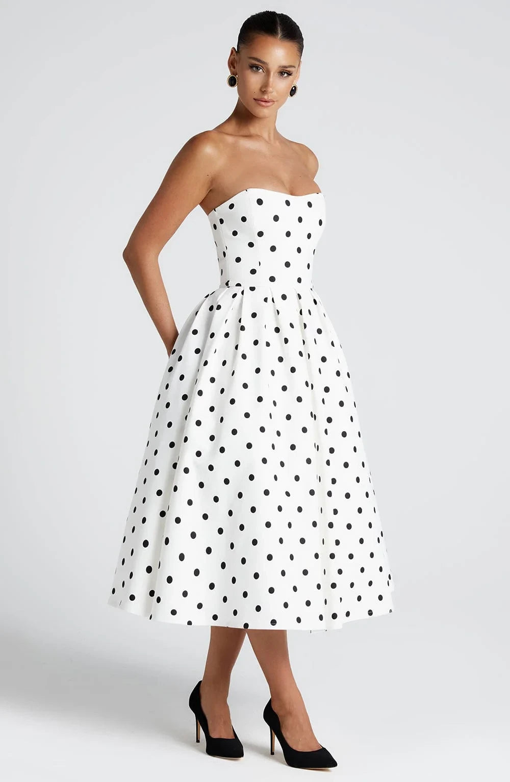 Retro Elegant A-Line Sweetheart Pleated Polka Dot White Tea-Length Prom Dress