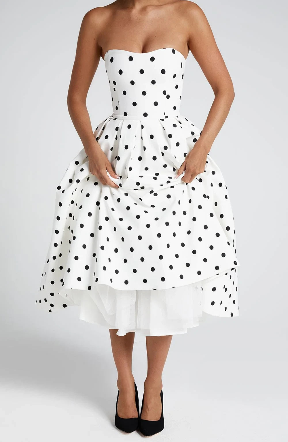 Retro Elegant A-Line Sweetheart Pleated Polka Dot White Tea-Length Prom Dress