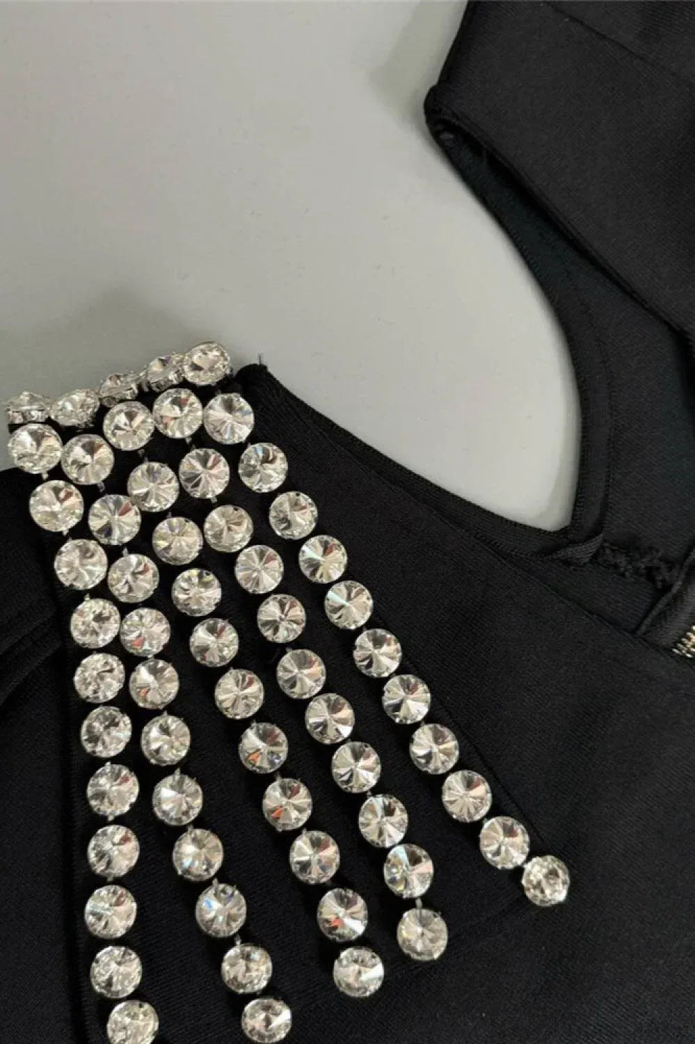 Rhinestone Trimmed Structured Midi Evening Dress Black One-Shoulder Sleeveless for Women