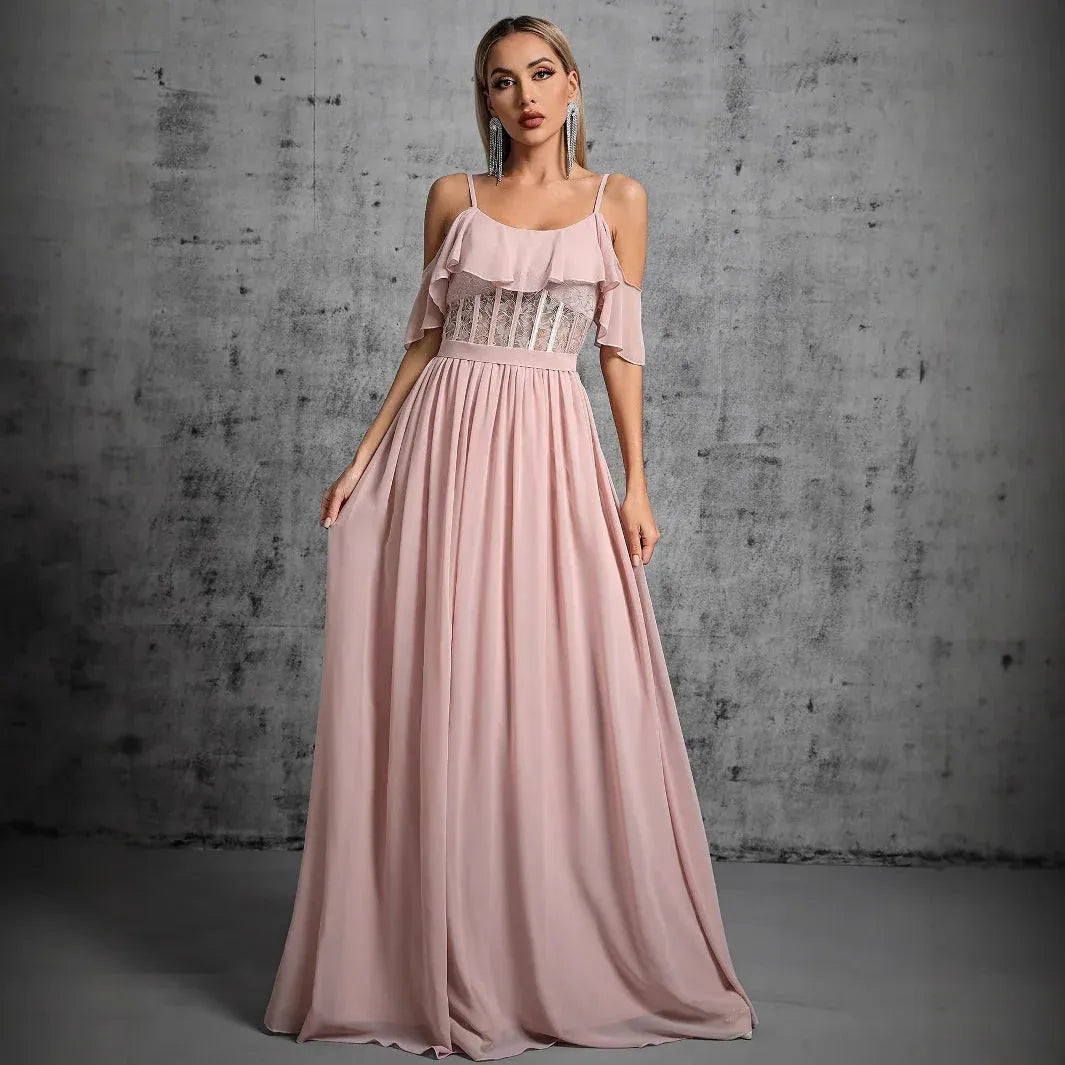 Romantic A-Line Cold-Shoulder Corset Lace-Top Blush Pink Floor-Length Prom Dress