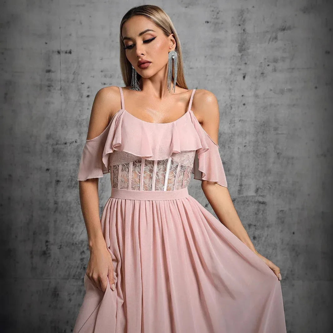 Romantic A-Line Cold-Shoulder Corset Lace-Top Blush Pink Floor-Length Prom Dress