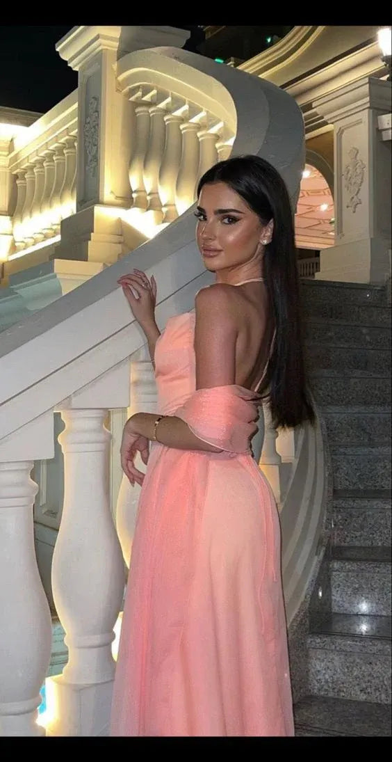 Romantic A-Line Halter Neck Corset Peach Floor-Length Prom Dress With Scarf