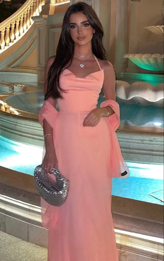 Romantic A-Line Halter Neck Corset Peach Floor-Length Prom Dress With Scarf