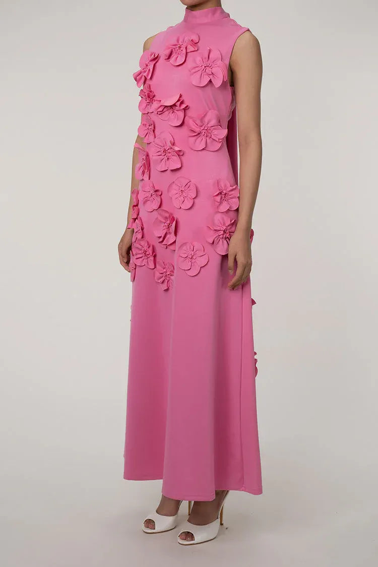 Romantic A-Line Mock-Neck Sleeveless 3D-Floral Fabric Hot Pink Midi Evening Dress for Women