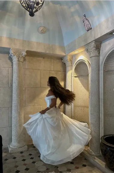 Romantic A-Line Off-Shoulder Corset Wedding Dress Layered Satin White Long Evening Dress
