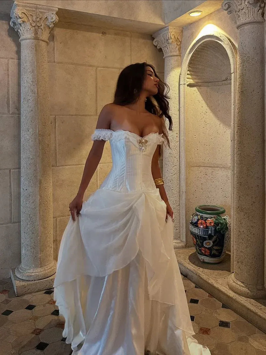 Romantic A-Line Off-Shoulder Corset Wedding Dress Layered Satin White Long Evening Dress