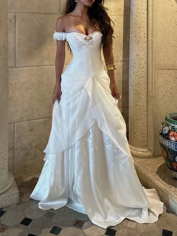 Romantic A-Line Off-Shoulder Corset Wedding Dress Layered Satin White Long Evening Dress