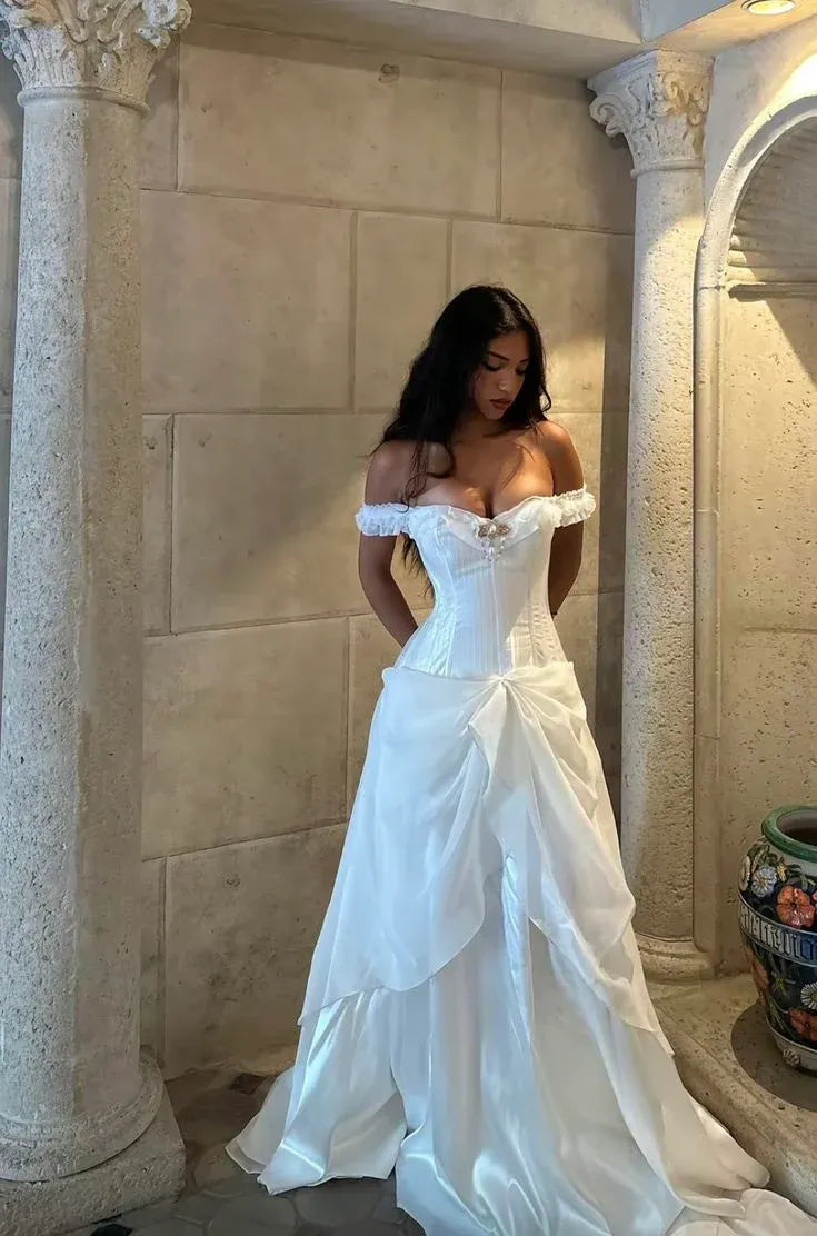 Romantic A-Line Off-Shoulder Corset Wedding Dress Layered Satin White Long Evening Dress