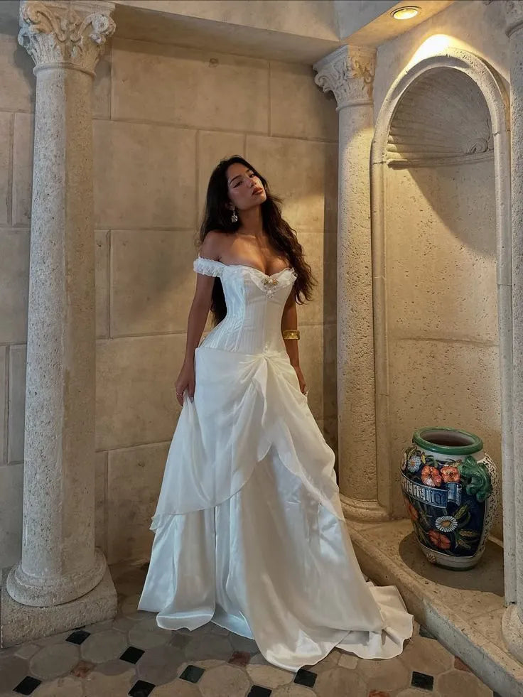Romantic A-Line Off-Shoulder Corset Wedding Dress Layered Satin White Long Evening Dress
