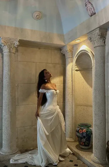 Romantic A-Line Off-Shoulder Corset Wedding Dress Layered Satin White Long Evening Dress