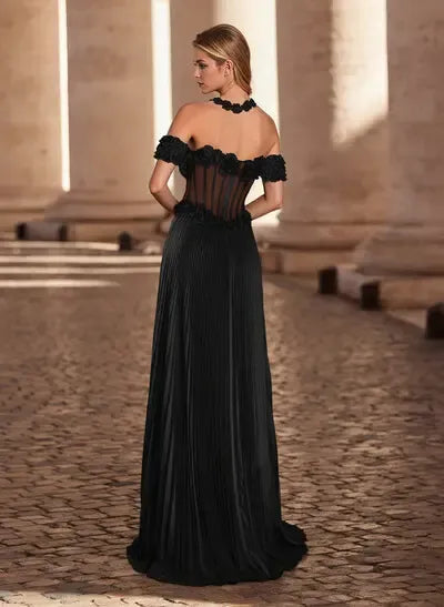 Romantic A-Line Off-Shoulder Floral Black Floor-Length Prom Dress With High-Slit