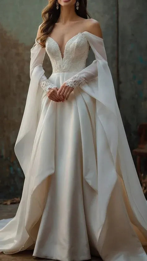 Romantic A-Line Off-Shoulder Long-Sleeve Lace Ivory Maxi Wedding Dress for Women Custom