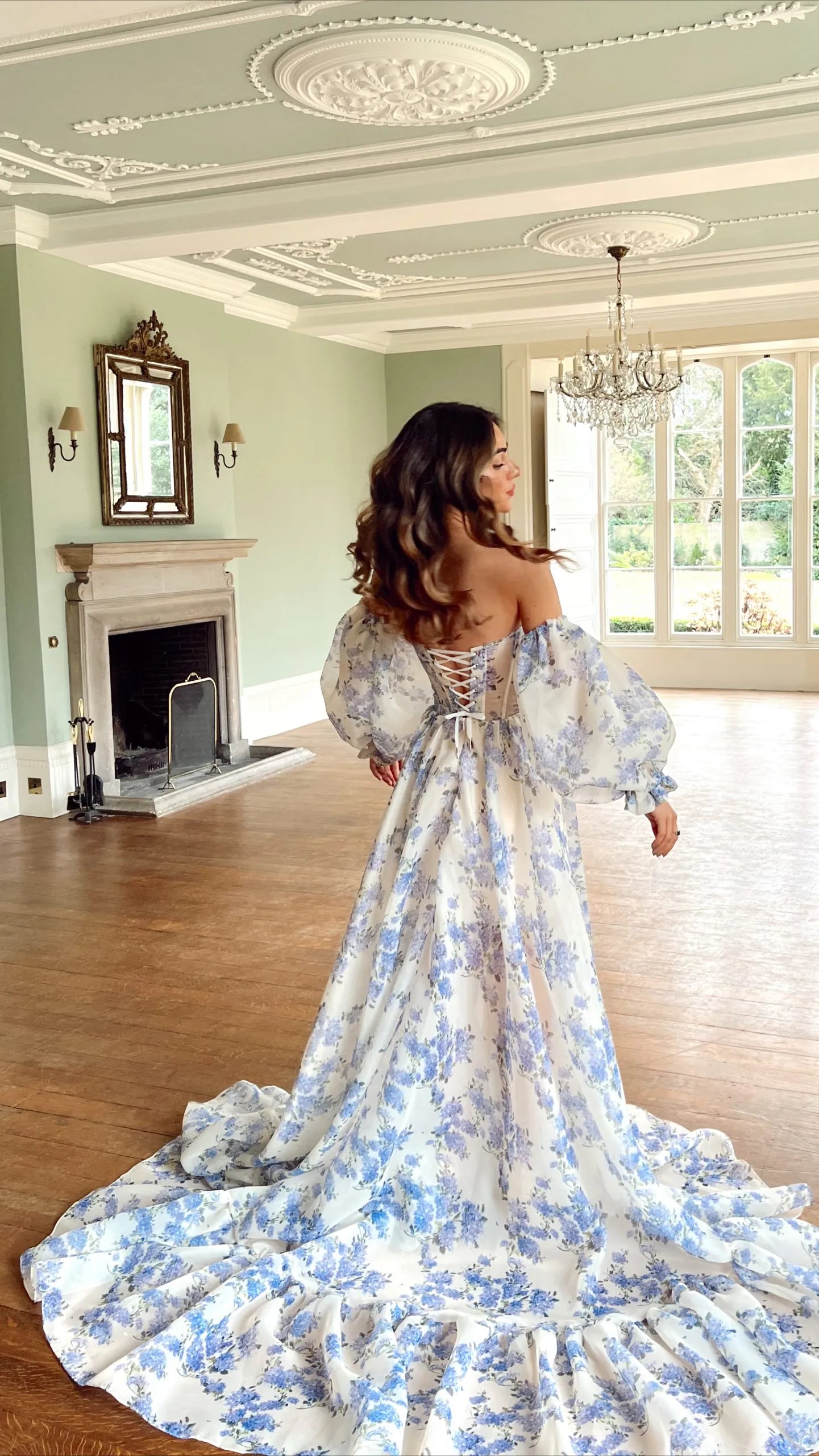 Romantic A-Line Off-Shoulder Puff Sleeve Floral Print White Prom Dress With Train