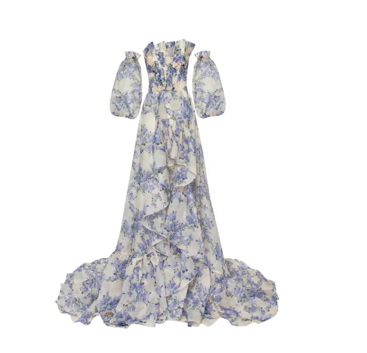 Romantic A-Line Off-Shoulder Puff Sleeve Floral Print White Prom Dress With Train