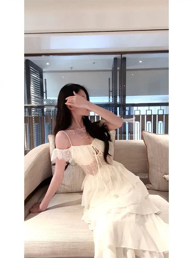 Romantic A-Line Off-Shoulder Sleeveless Tiered Ivory Midi Prom Dress for Women Ready to Ship