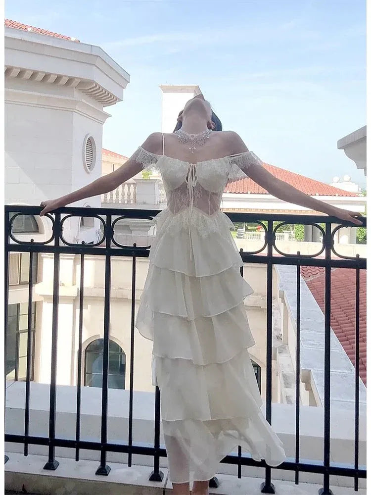 Romantic A-Line Off-Shoulder Sleeveless Tiered Ivory Midi Prom Dress for Women Ready to Ship