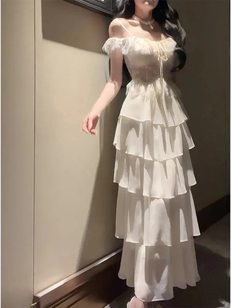 Romantic A-Line Off-Shoulder Sleeveless Tiered Ivory Midi Prom Dress for Women Ready to Ship