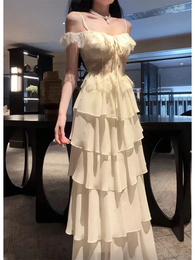 Romantic A-Line Off-Shoulder Sleeveless Tiered Ivory Midi Prom Dress for Women Ready to Ship