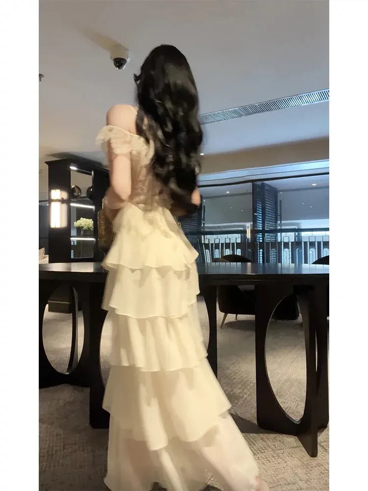 Romantic A-Line Off-Shoulder Sleeveless Tiered Ivory Midi Prom Dress for Women Ready to Ship
