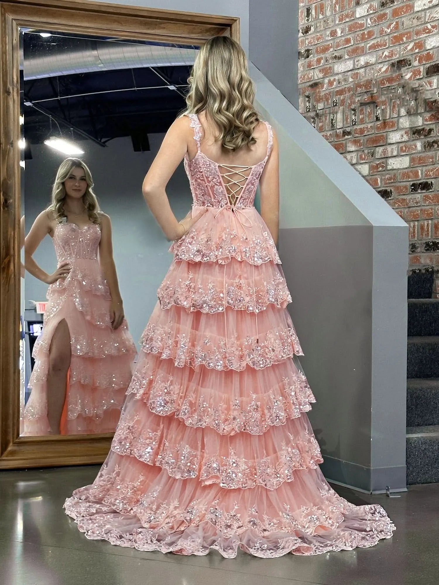 Romantic A-Line Off-Shoulder Tiered Sequin Tulle Blush Train Prom Dress With Slit