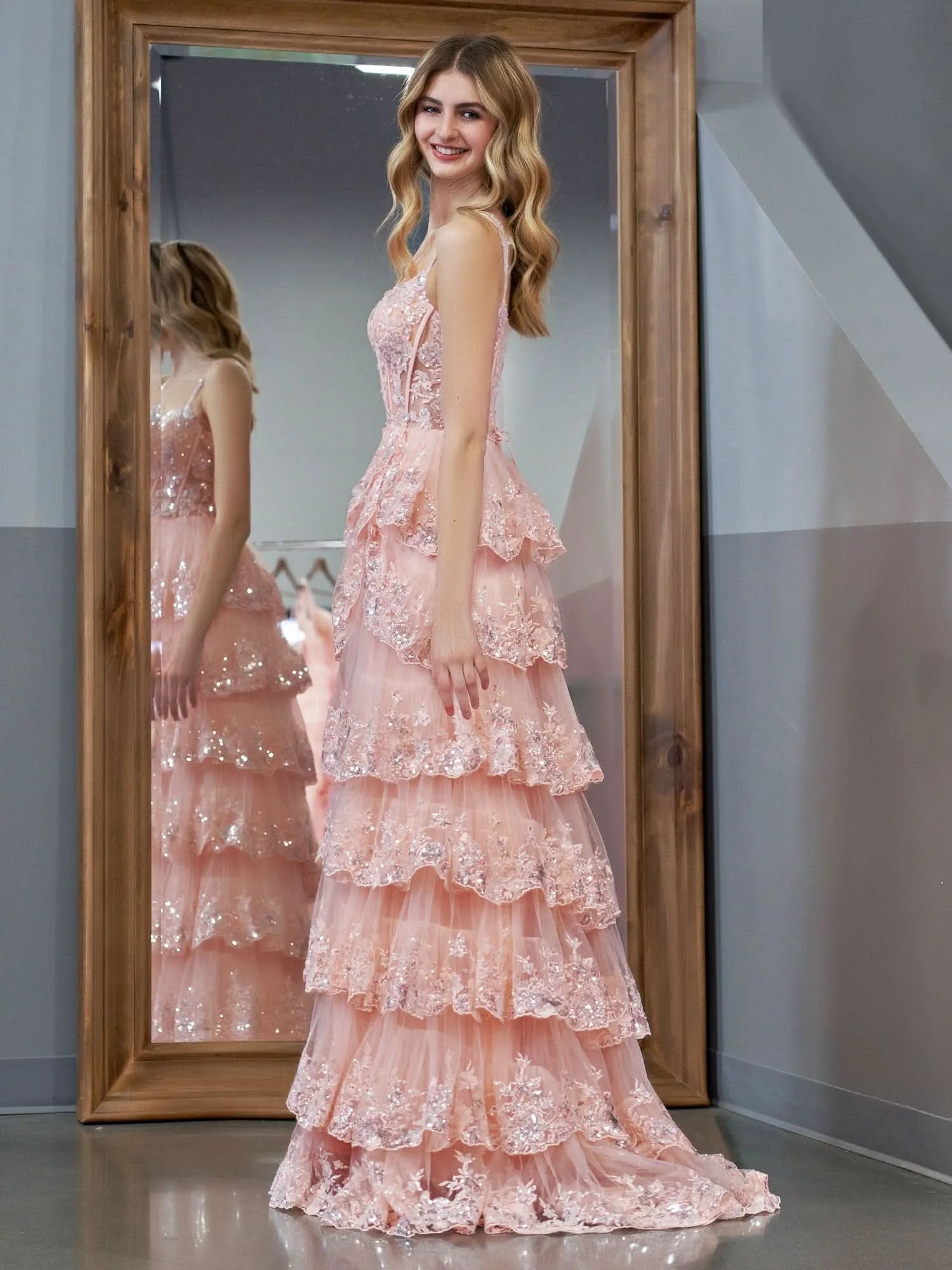 Romantic A-Line Off-Shoulder Tiered Sequin Tulle Blush Train Prom Dress With Slit