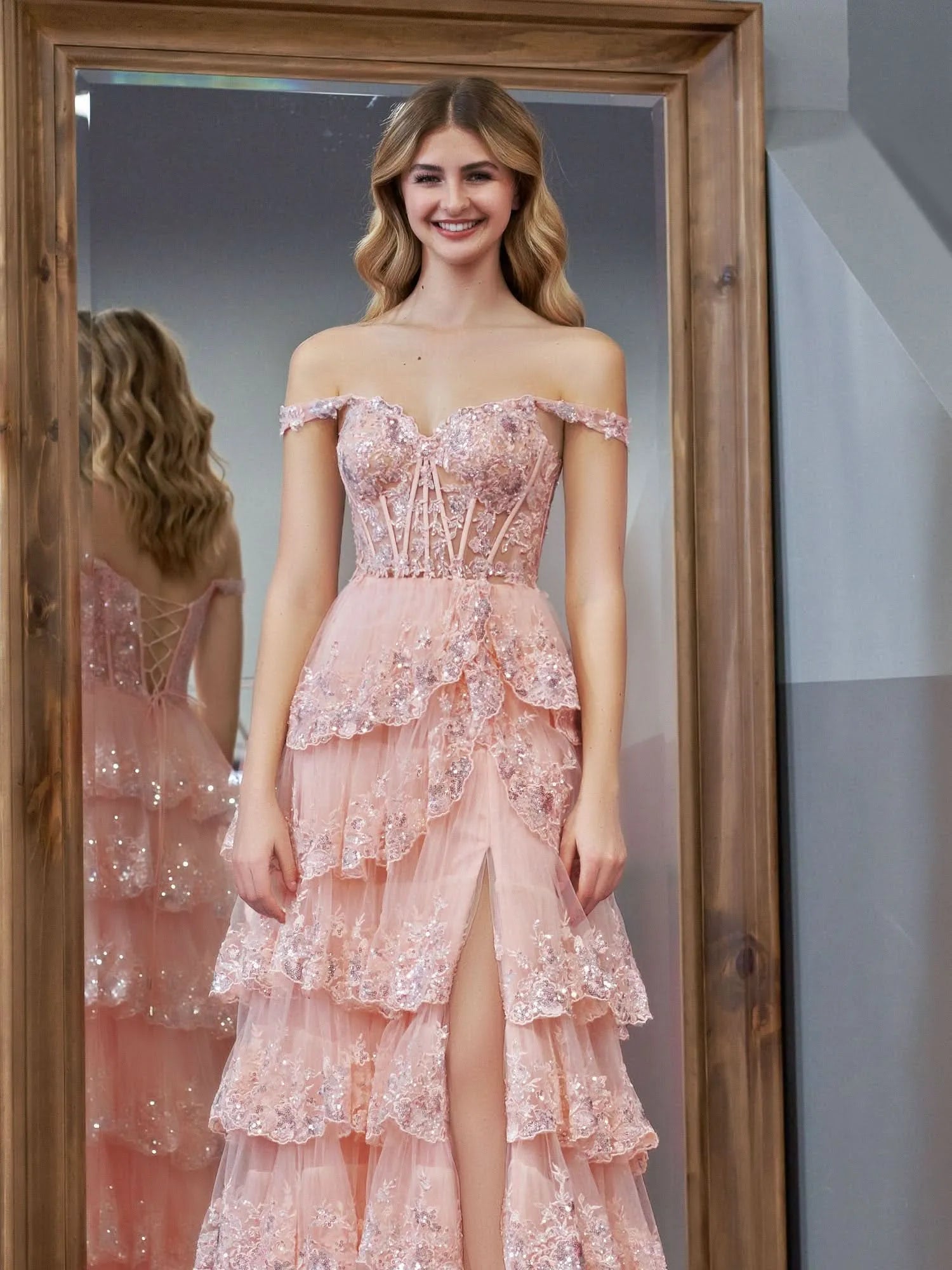 Romantic A-Line Off-Shoulder Tiered Sequin Tulle Blush Train Prom Dress With Slit