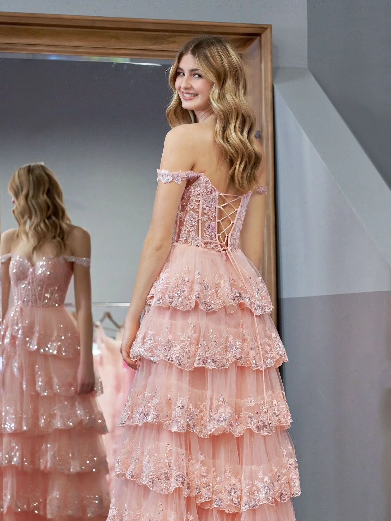 Romantic A-Line Off-Shoulder Tiered Sequin Tulle Blush Train Prom Dress With Slit
