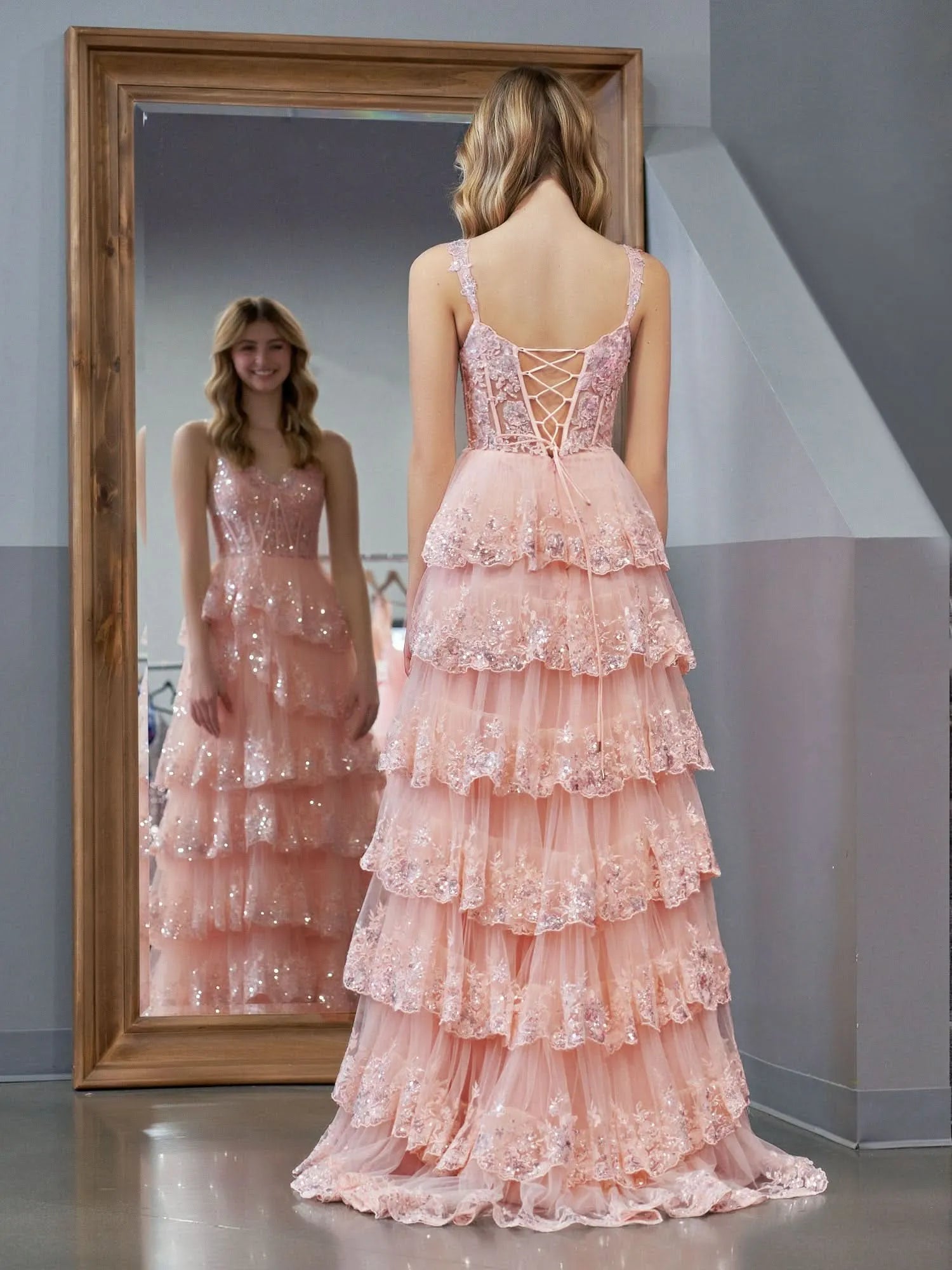 Romantic A-Line Off-Shoulder Tiered Sequin Tulle Blush Train Prom Dress With Slit