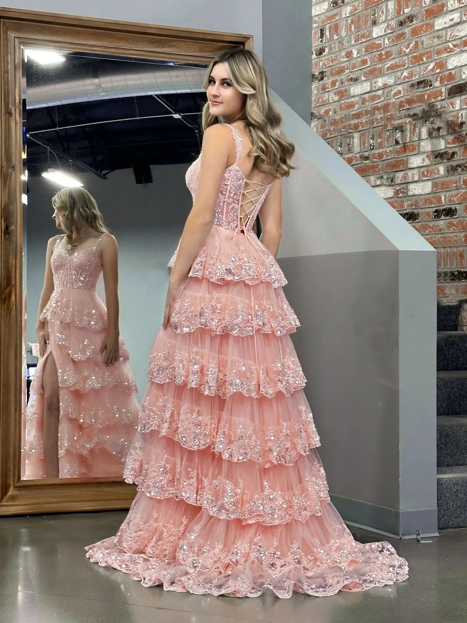 Romantic A-Line Off-Shoulder Tiered Sequin Tulle Blush Train Prom Dress With Slit