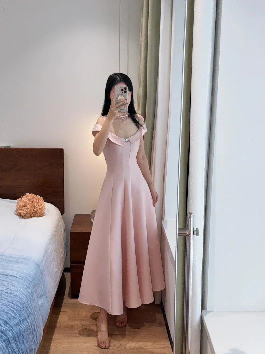 Romantic A-Line Off-the-Shoulder Ruffled Blush Midi Prom Dress for Women ready to ship