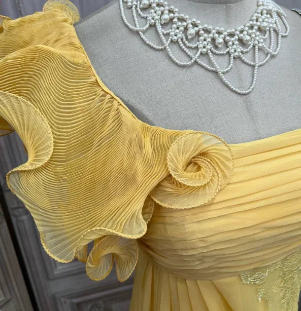 Romantic A-Line One Shoulder Ruffle Lace Yellow Train Prom Dress Hot Sale