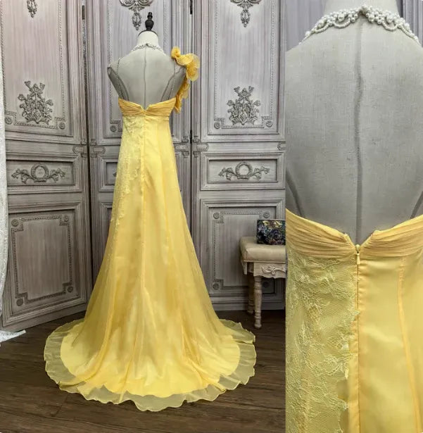Romantic A-Line One Shoulder Ruffle Lace Yellow Train Prom Dress Hot Sale