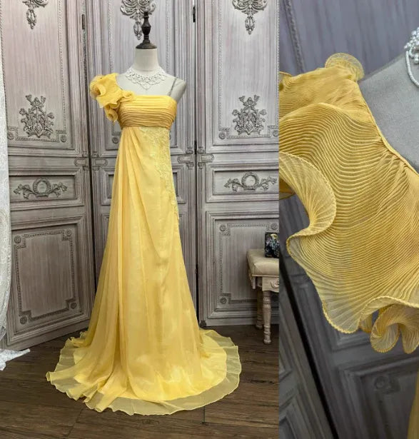 Romantic A-Line One Shoulder Ruffle Lace Yellow Train Prom Dress Hot Sale