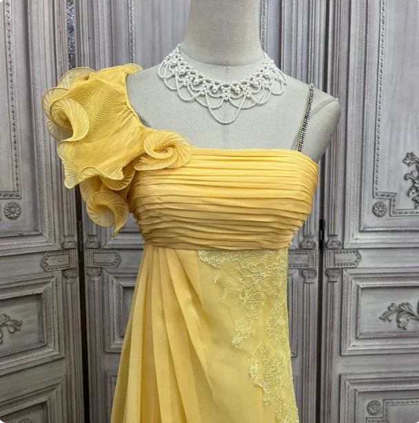 Romantic A-Line One Shoulder Ruffle Lace Yellow Train Prom Dress Hot Sale