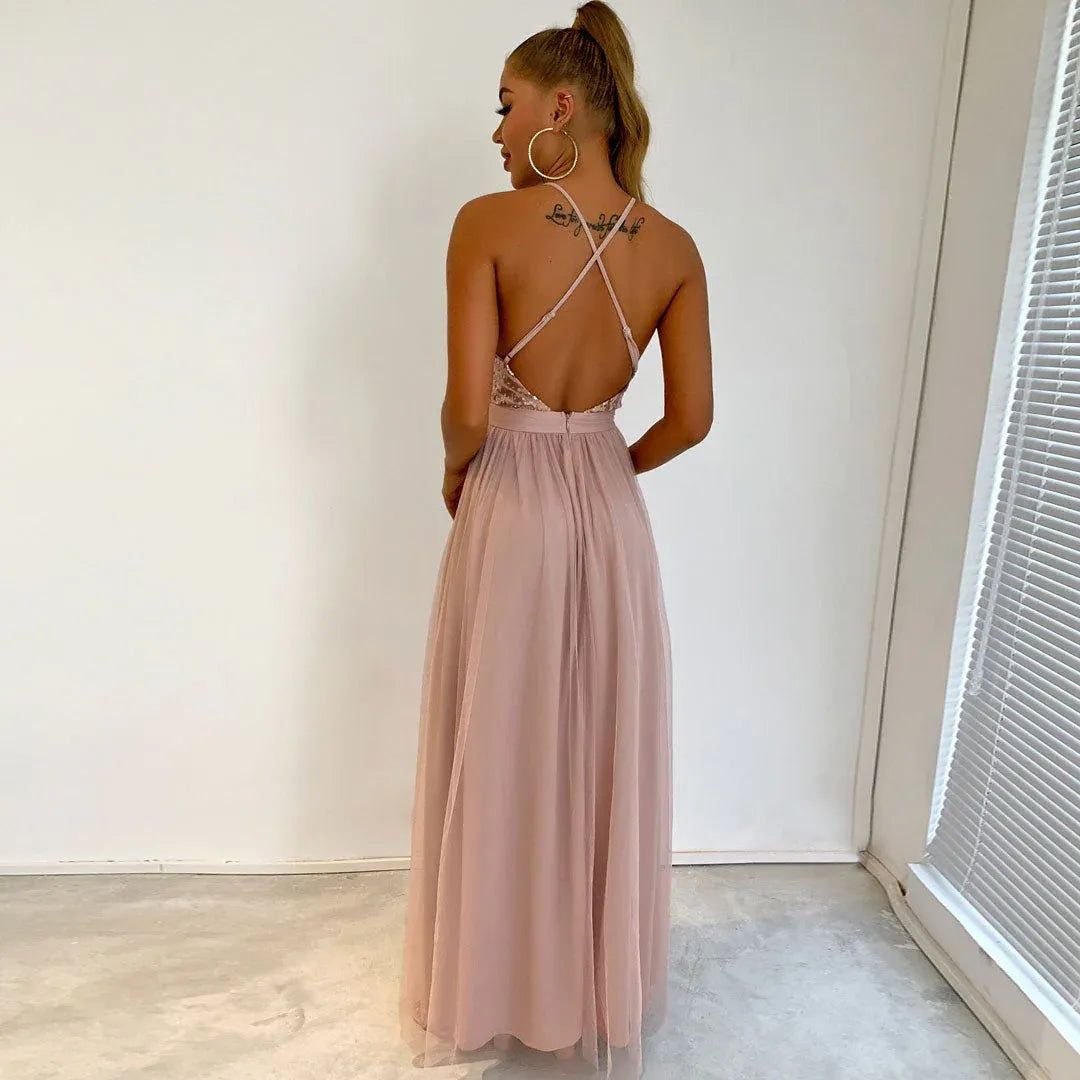 Romantic A-Line Plunging Sleeveless Sequin Tulle Blush Floor-Length Evening Dress for Women