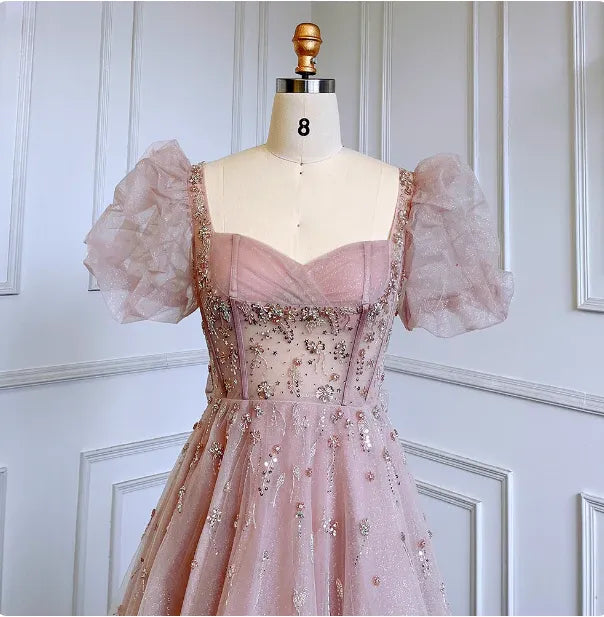 Romantic A-Line Puff Sleeve Beaded Tulle Blush Pink Prom Dress For Sale