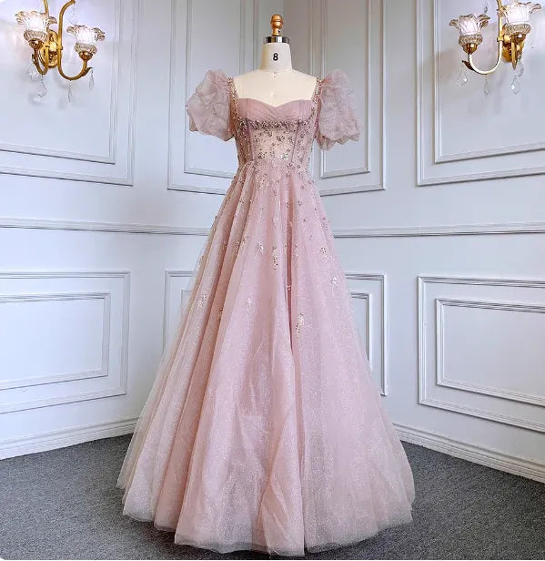 Romantic A-Line Puff Sleeve Beaded Tulle Blush Pink Prom Dress For Sale