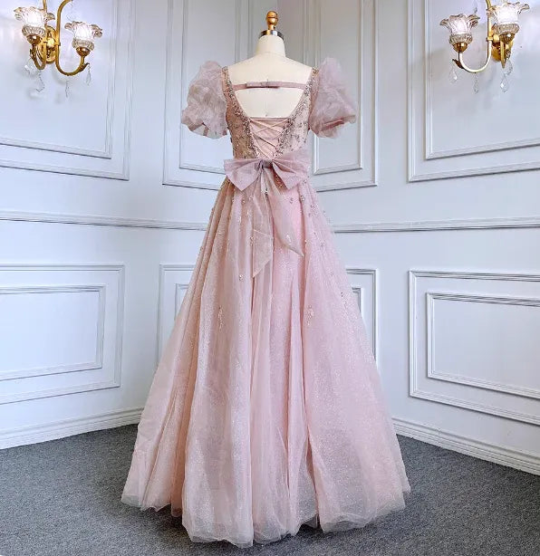 Romantic A-Line Puff Sleeve Beaded Tulle Blush Pink Prom Dress For Sale