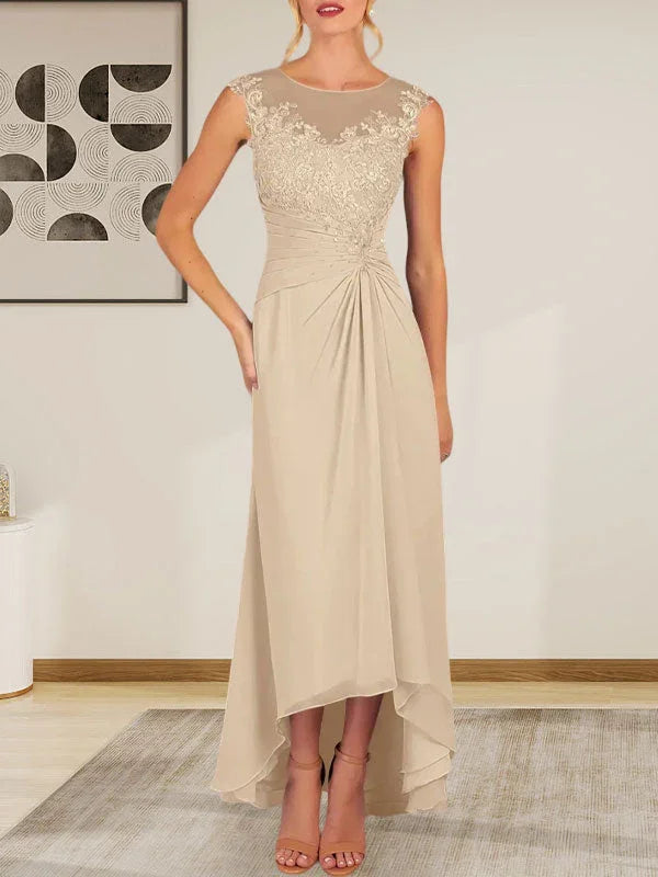 Romantic A-Line Round Neck Sleeveless Lace Champagne Asymmetrical Mother of the Bride Dress