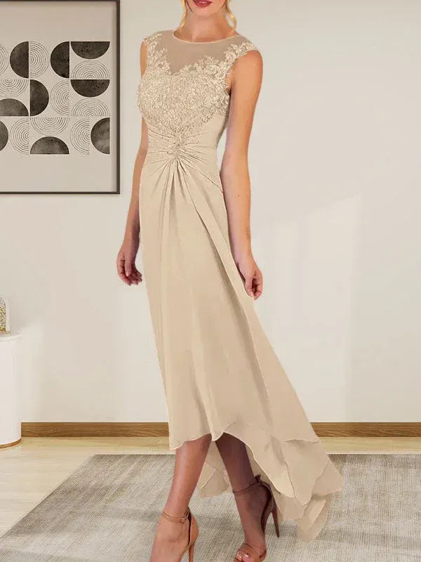 Romantic A-Line Round Neck Sleeveless Lace Champagne Asymmetrical Mother of the Bride Dress