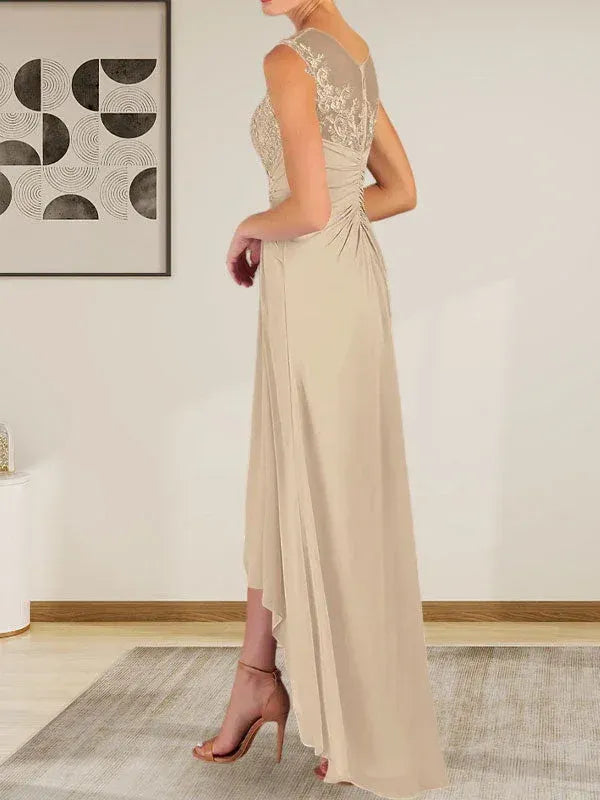 Romantic A-Line Round Neck Sleeveless Lace Champagne Asymmetrical Mother of the Bride Dress