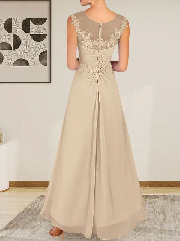 Romantic A-Line Round Neck Sleeveless Lace Champagne Asymmetrical Mother of the Bride Dress