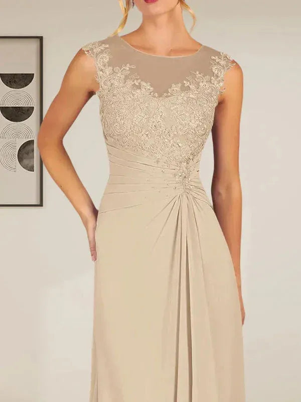 Romantic A-Line Round Neck Sleeveless Lace Champagne Asymmetrical Mother of the Bride Dress
